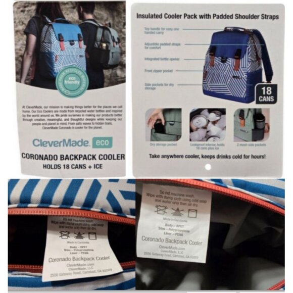 CleverMade Insulated 18 Can Leakproof Blue Stripe Cooler Backpack  - NWT - Picture 8 of 11